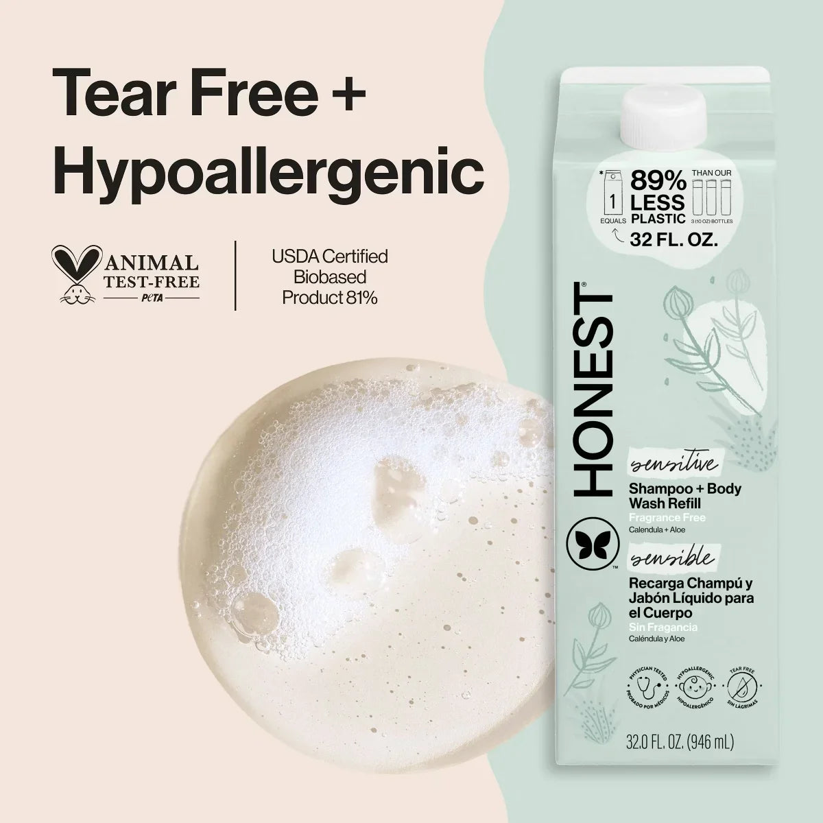 The Honest Company Sensitive Shampoo + Body Wash Refill - Fragrance Free - 32 fl oz: Basic Cleansing, All Hair Types, 2-In-1 Liquid