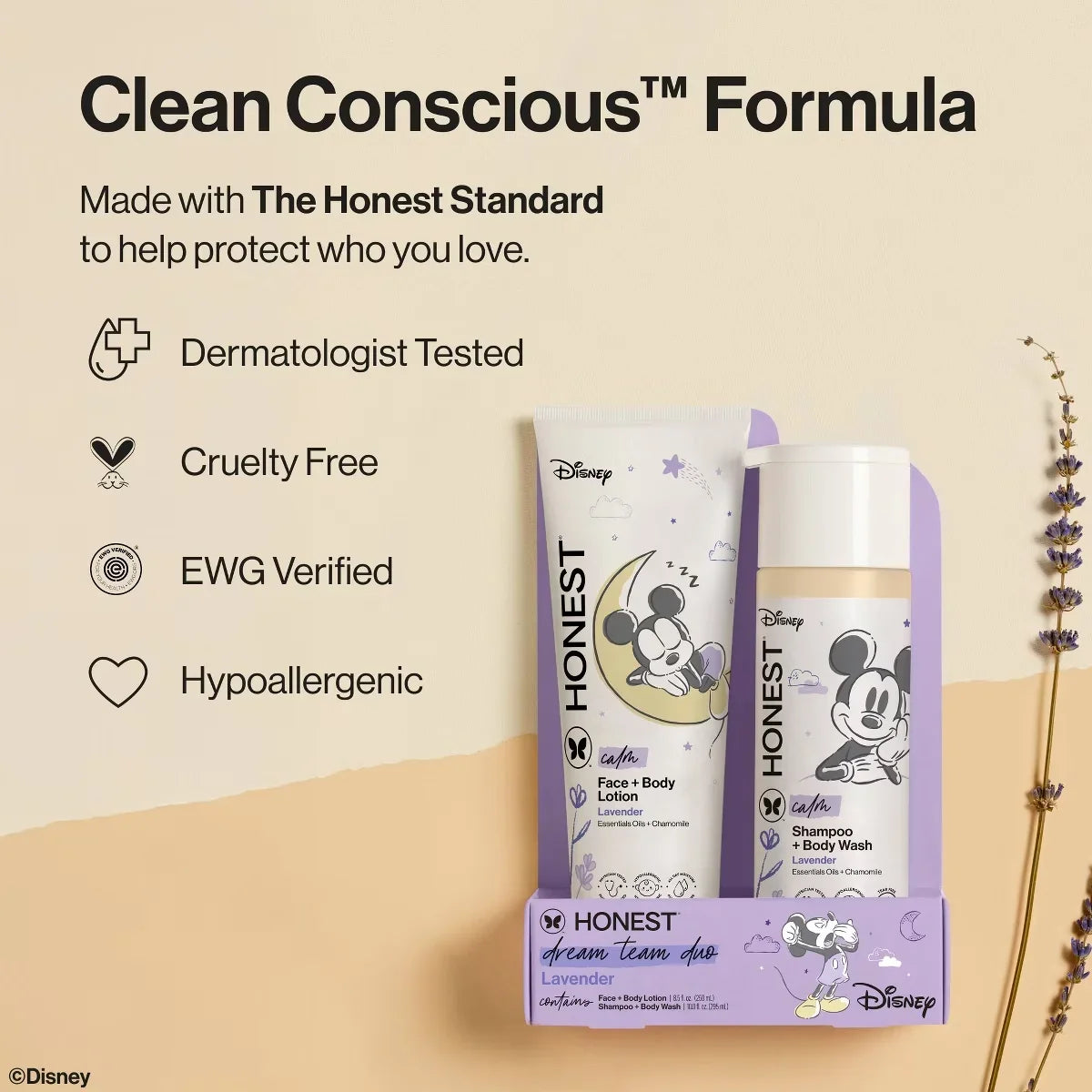 The Honest Company Calm Disney Shampoo + Body Wash and Lotion Duo - Lavender - 18.5 fl oz: Moisturizing, Dye-Free, Phthalate-Free